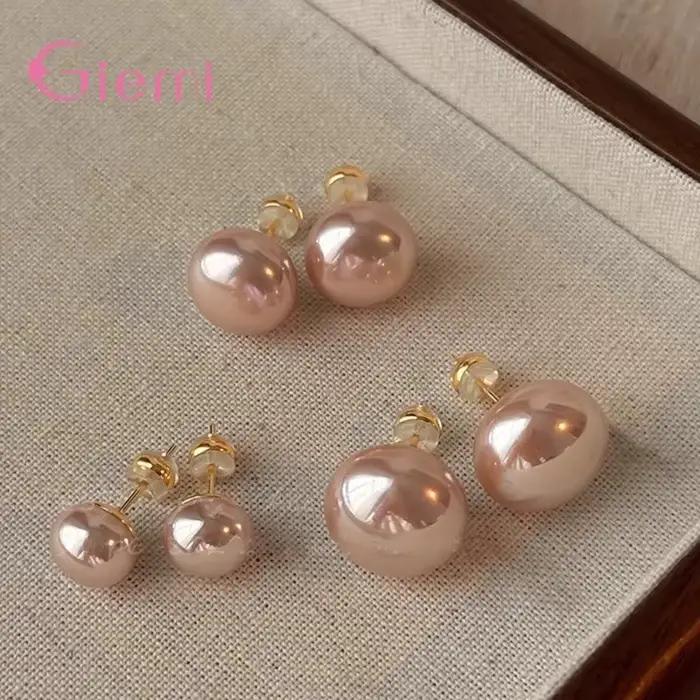 Boucles d'oreilles élégantes en perles roses brillantes pour femmes, exquises, en argent Sterling 925, bijoux géométriques pour fête de mariage, cadeau