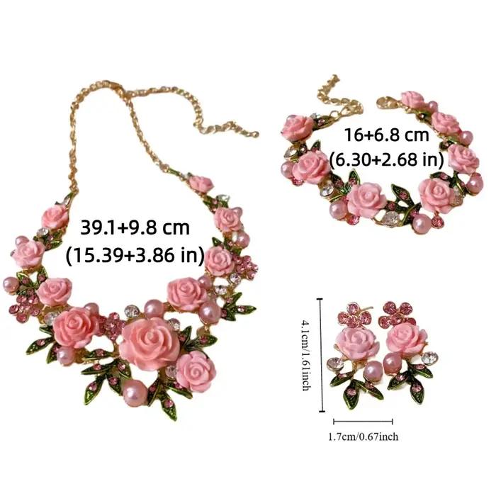 Collier luxueux en strass avec fleur de rose, collier ras-du-cou délicat, bracelet fleur, chaîne de clavicule en perles, boucles d'oreilles clous pour soirée