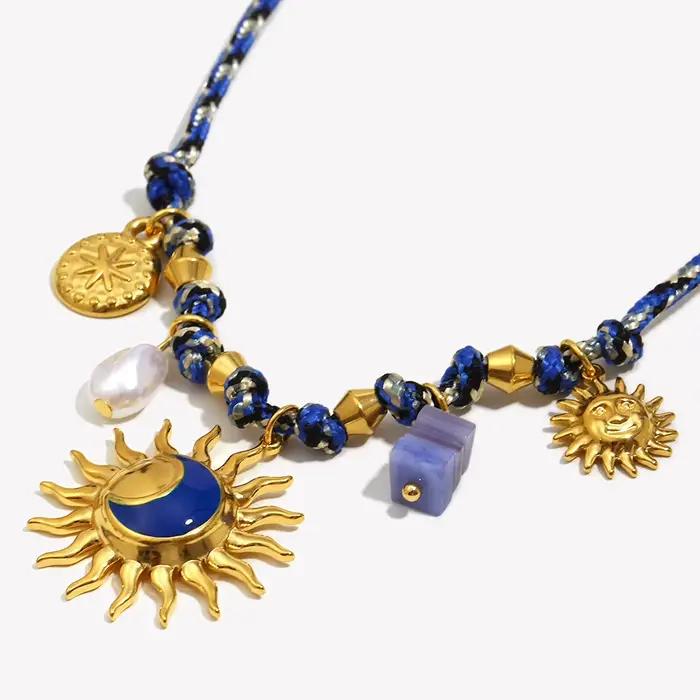 E.B.belle – collier à breloques soleil bleu en acier inoxydable pour femmes, plaqué or 18 carats, Design Unique, bijoux de Style bohémien
