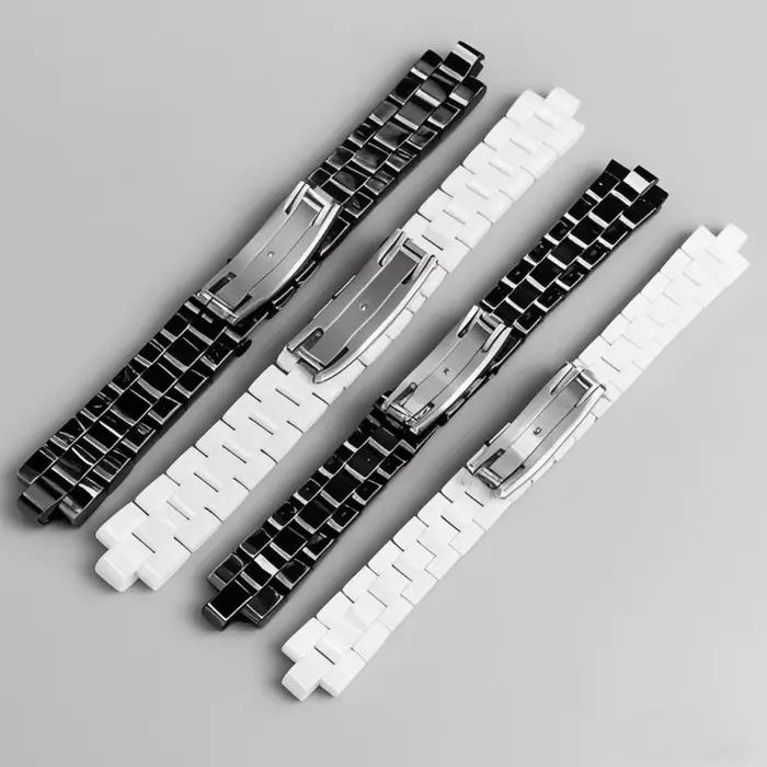 Bracelet de montre en céramique de haute qualité, 6 mm, 7,5 mm, adapté à Chanel J12 – Bracelet blanc et noir brillant – Fermoir pliant, bouche convexe lisse