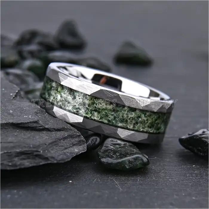 Bague en carbure de tungstène martelé de 8 mm pour homme et femme, avec incrustation de pierre d'agate, bijoux de mode, ajustement confortable