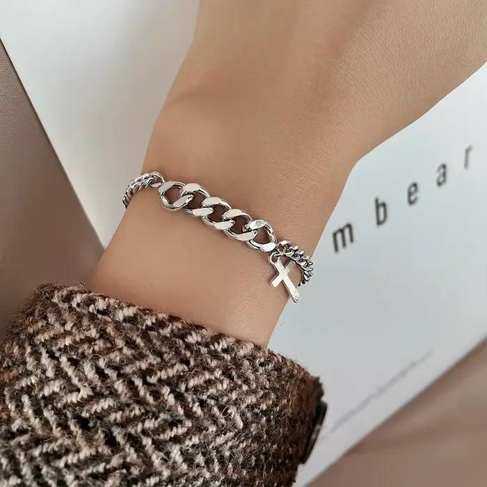 Bracelet Hip Hop en argent Sterling 925, chaîne épaisse, croix, argent réel, pour femmes et hommes, bijoux cadeau de fête de mariage