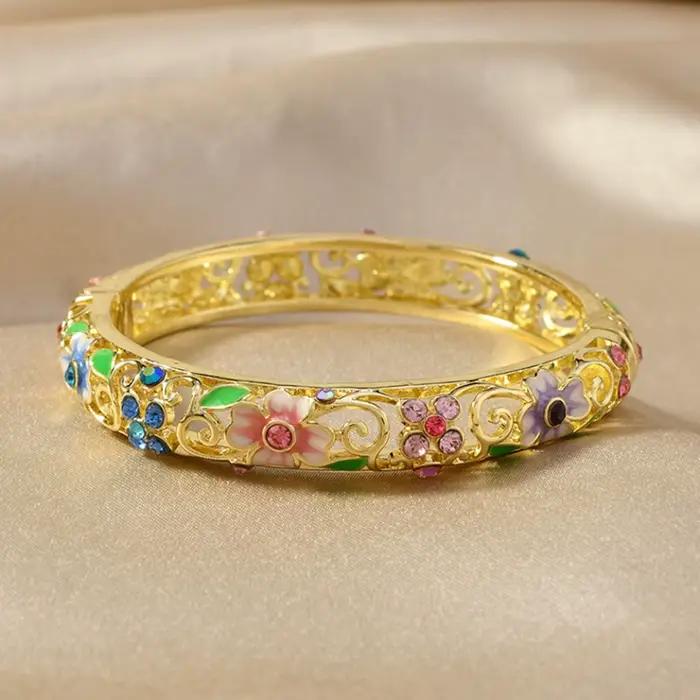 Bracelets ethniques de luxe en or, couleur or, creux, émail bleu Jingtai, glaçure goutte à goutte, trèfle à quatre feuilles porte-bonheur, zircon, bijoux pour femmes