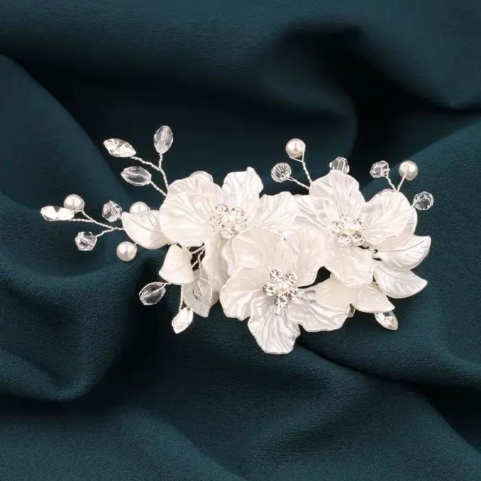 Épingle à cheveux en perles de mariage, fleur blanche, bijoux, pince à cheveux, bandeau en cristal, accessoires pour cheveux de mariée, diadème de fête pour femmes