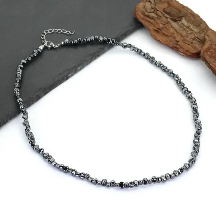 Collier de perles en hématite naturelle pour hommes, couleur argent noir, pierre irrégulière, court ras du cou de 20 pouces, méditation, cadeau pour petit ami, bijoux