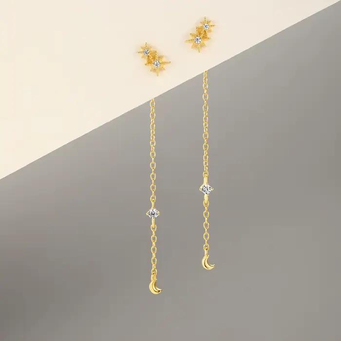 Aide-Boucle d'oreille longue en argent regardé 925 pour femme, ligne d'oreille, document en or 18 carats, piercing en fil d'oreille, boucle d'oreille goutte, accessoires bijoux