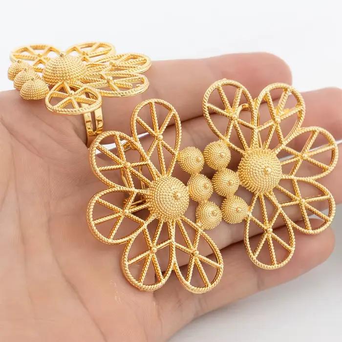Ensembles de bijoux de dubaï pour femmes, boucles d'oreilles géométriques couleur or, bague ajourée, accessoires de mariage de luxe africains, cadeaux d'anniversaire