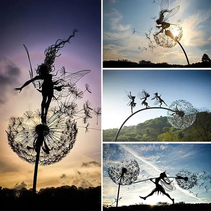 Fées ange avec pissenlits fleurs danse, décoration de jardin féerique en plein air, Sculptures et Figurines insérées artisanat en métal du sol