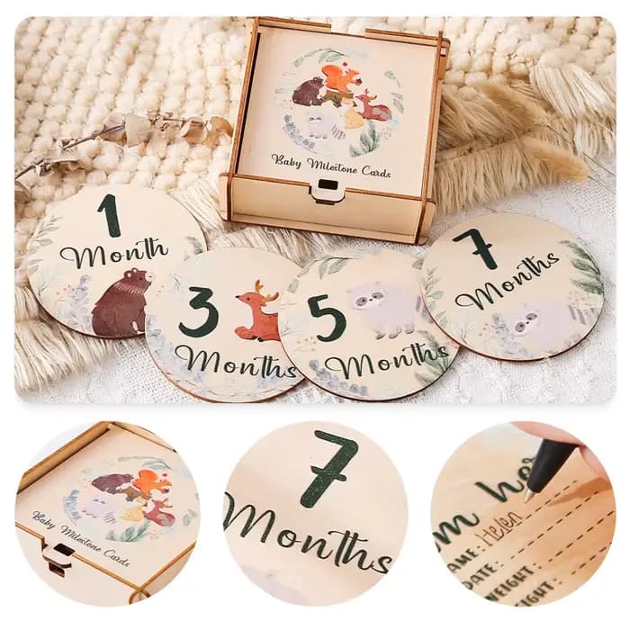 Milestones de croissance pour nouveau-né de 0 à 12 mois, carte en bois avec boîte, accessoire Photo, Image d'animal de dessin animé, Souvenir, cadeau pour bébé en bois