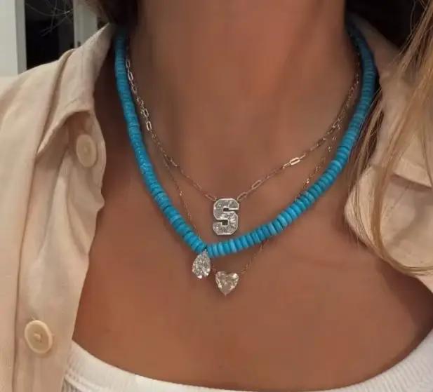 Collier de perles Vintage Lapis Lazuli, pendentif en Zircon, pendentif bohème multicouche, bijoux faits à la main