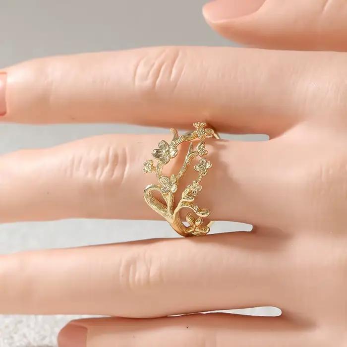 Bague vintage pour femme, motif branche et fleur sculptés à la main, en métal doré, géométrique, pour usage quotidien, bijoux de fête, cadeau d'anniversaire