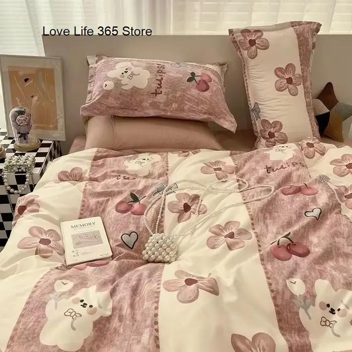INS-Parure de Lit Rose Solide pour Fille et Garçon, Drap pio, Taie d'Oreiller, illant de Lit, Textile de Maison