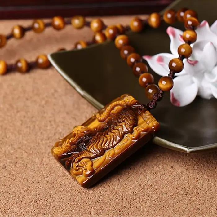 Pendentif œil de tigre sculpté à la main, collier de guérison énergétique avec chaîne de perles, amulette porte-bonheur, bijoux en cristal pour femmes et hommes
