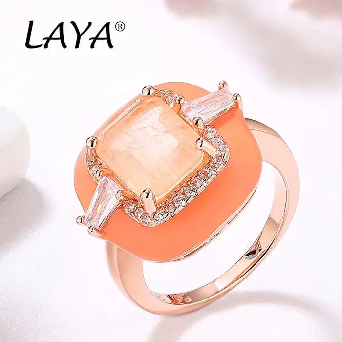 LAYA 925 en argent Sterling mode brillant Zircon naturel bleu pierre noir émail carré anneau pour les femmes cadeau mode bijoux fins