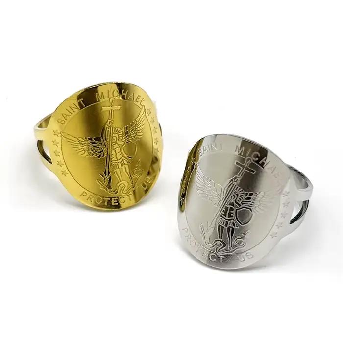 Saint Michael nous protéger anneaux pour femmes hommes acier inoxydable or argent couleur religieux amulette bague bijoux cadeau anillo