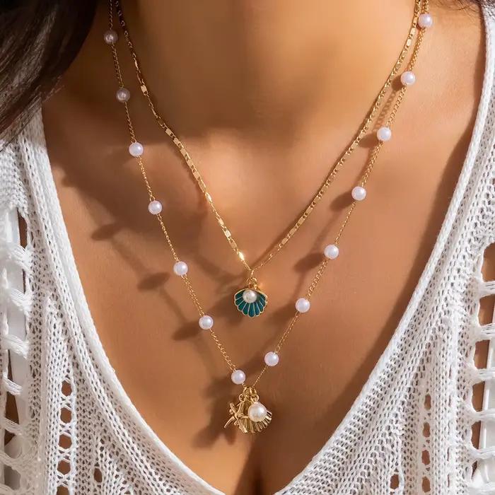 Collier en or pour femmes, couche de coquillage de mer, style Boho, été, coquillage, plage, étoile de mer, perle, surfeur, bijoux, tenues de vacances, cadeaux