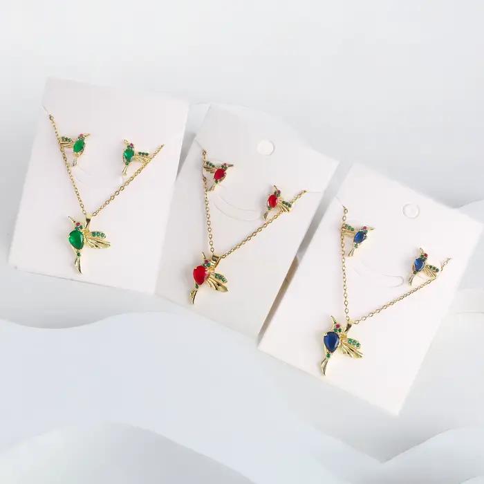 Ensemble de collier et boucles d'oreilles avec pendentif colibri en cristal classique, 7 couleurs, collier d'oiseau Animal en zircone, cadeau d'anniversaire et de mariage pour filles