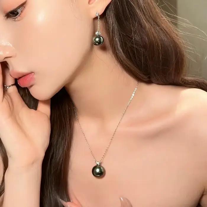 Ensemble de bijoux en perles de coquillage vert paon et pierres scintillantes, bague au design nid d'abeille avec diamants étincelants, ensemble de collier en perles de Tahiti Princess