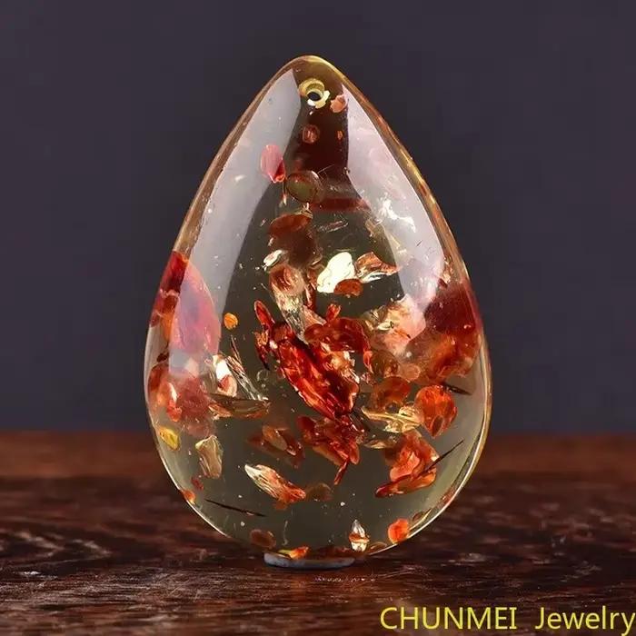 Pendentif goutte de fleur fragmentée pour homme et femme, collier arc-en-ciel original, pierre d'ambre de cire d'abeille, pull
