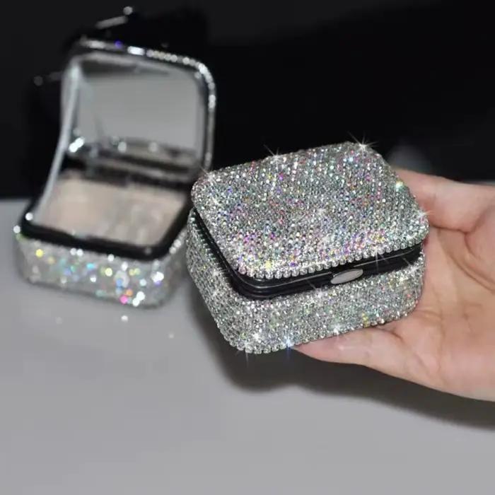 Mini boîte à bijoux scintillante avec miroir, mallette de rangement de colliers de luxe créative, boîte à bijoux carrée en strass et diamant, Dressing