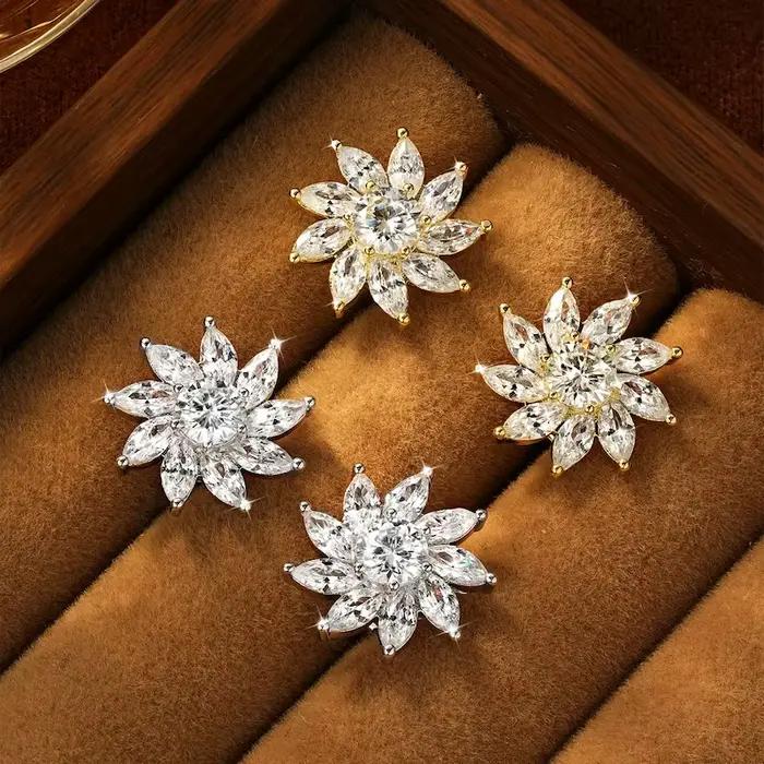 Rrjzz Parure de bijoux pour femme avec collier et boucles d'oreilles clous, Moissanite couleur D taille Marquise 5mm 6mm, Zircon 5A, Halo Tournesol, Cadeaux