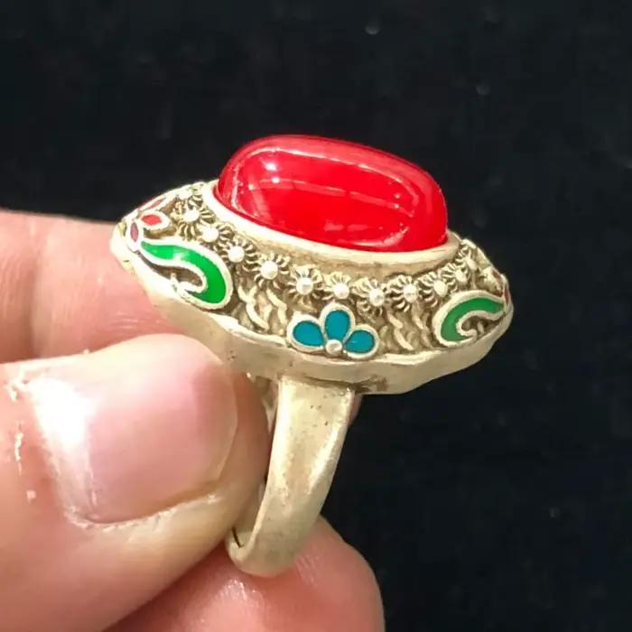 Bague sculptée cloisonné style Qianlong antique, bijou vintage rétro artisanal