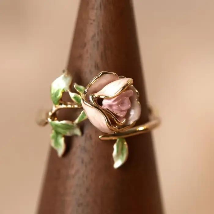 Bague Rose de beauté pour femmes, accessoires de bijoux de fiançailles, plaqué or et argent, belles bagues Rose rouge, cadeau pour elle