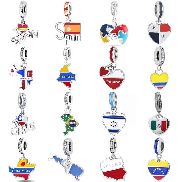 Breloques de mode en argent sterling 925, drapeaux de pays du monde (Espagne, Colombie, Brésil, Pologne), souvenir de voyage, cadeau de bijoux DIY pour femme