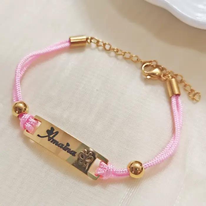 Bracelet en nylon rose personnalisé avec ajustement automatique, lettres de nom électroplaquées, cadeau de bijoux pour femmes