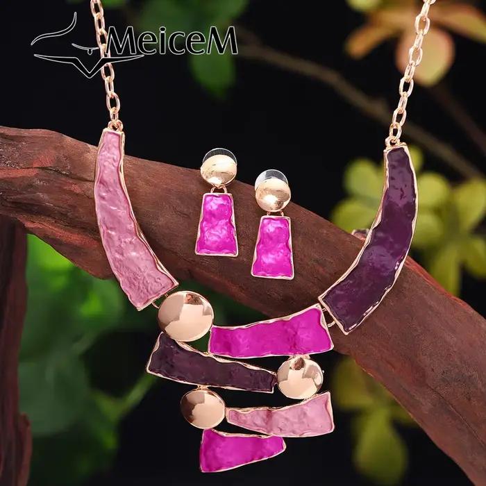MeiceM – ensemble de bijoux multicolores en alliage de Zinc, mode géométrique élégante pour femmes, collier et boucles d'oreilles en émail, cadeau de fête des mères, 2024
