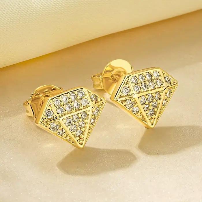 Rrjzz Boucles d'oreilles uniques plaquées or 14 carats en forme de diamant scintillant Fashion CZ Simulé Diamant Ear Stud pour femmes et hommes Bijoux