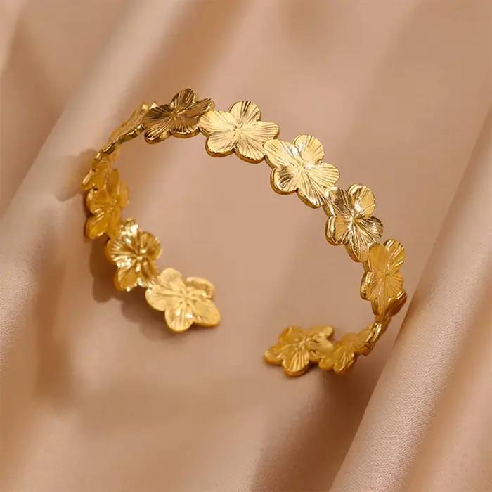 Bracelets larges en acier inoxydable pour femmes, couleur or, manchette à fleurs épaisses, Vintage, bijoux cadeaux de mariage