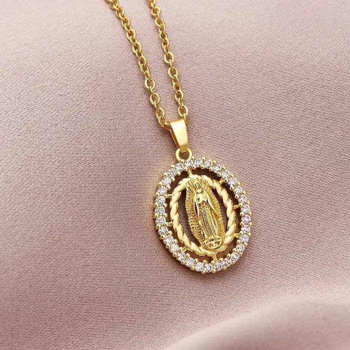 Collier vierge marie pour femmes, pendentif elliptique en Zircon coloré, chaîne de couleur or, mode féminine, croyance, prière, bijoux de fête