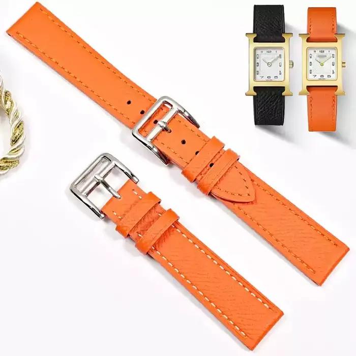 Pour Hermes H bracelet de montre en cuir véritable série HOUR cadran carré mince Orange confortable bracelet de montre en peau de vache souple 14mm 16mm 18mm