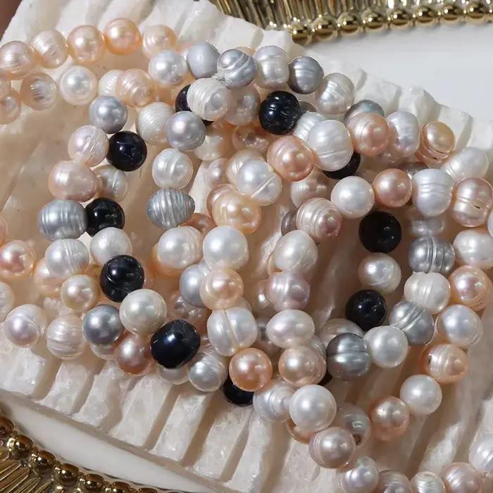 Bracelet de perles d'eau douce naturelles multicolores, 9mm, breloque en perles baroques, élastique, bijoux fins, cadeaux d'anniversaire et de mariage