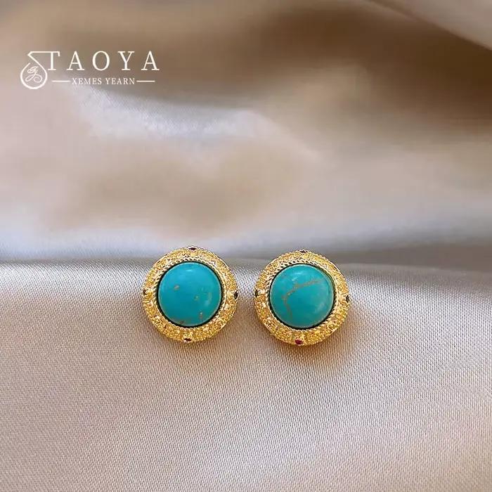 Boucles d'oreilles rondes rétro Turquoise 2025, bijoux avec bordure couleur or, accessoires inhabituels pour fête de mariage pour femmes et filles, cadeaux polyvalents