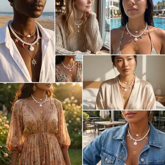 Collier Bohème Coquillages et Perles pour Femme, Style Océan, Pendentif Étoile de Mer et Soleil, Bijou Ras-du-cou pour Vacances et Fêtes