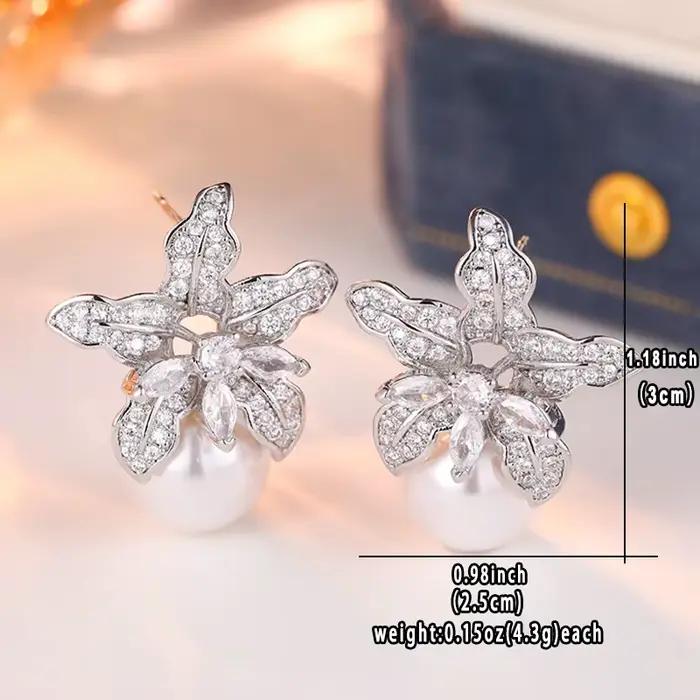 Boucles d'oreilles tendance pour femmes, forme de fleur, incrustation de zircon synthétique, perle, élégantes, luxueuses, bijoux de tempérament