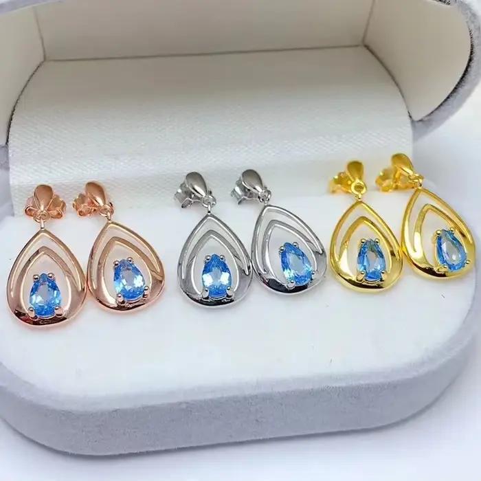 Boucles d'oreilles pendantes en topaze naturelle bleu clair, bijoux en argent, sans allergie, plaqué or 18 carats, 4mm * 6mm, total 0,7 ct