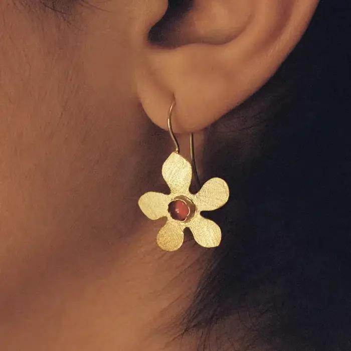 Boucles d'oreilles à fleurs d'agate rouge pour femmes d'âge moyen, Style rétro espagnol, pendantes, accessoires de bijoux de luxe
