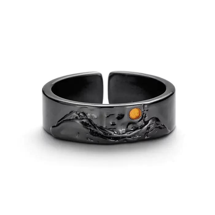 Bague Moon de montagne pour hommes, bande ouverte réglable, bijoux inspirés de la nature, bague gothique noire, cadeau pour lui