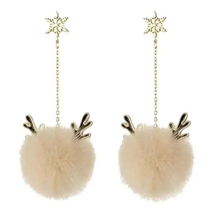 Nouvelles Boucles d'oreilles pendantes en peluche mignonnes et douces pour femme, motif élan et flocon de neige, accessoire de Noël, cadeau