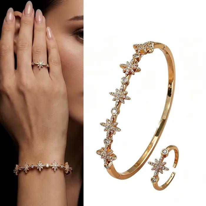 Ensemble de bagues et bracelets ajustables en zircon plaqué or pour femme, motif étoile, style minimaliste, élégant, bijoux de mode, cadeau pour elle, usage quotidien