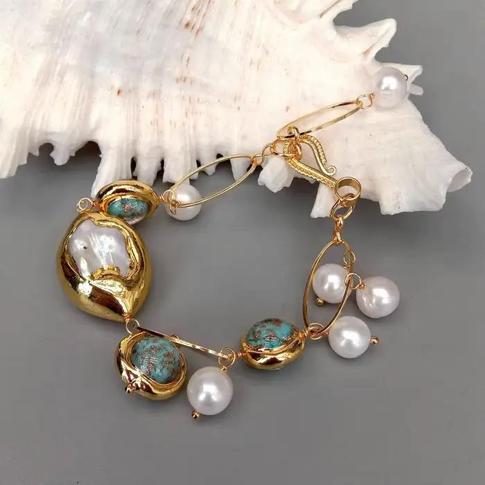 KKGEM 16mm bleu Murano verre plaqué or 22x32mm nacre coquille perle de culture Bracelet femmes bijoux cadeau