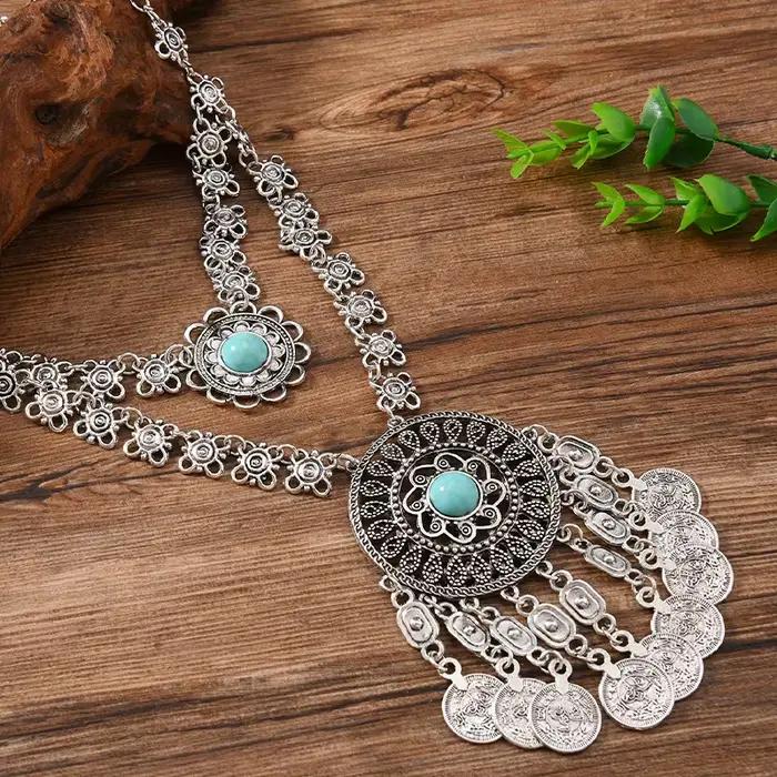 Collier ethnique en forme de pièce de monnaie Turquoise, style bohème, Vintage, pendentif à pampilles superposées, bijoux de déclaration, accessoires de ton de couleur or argent