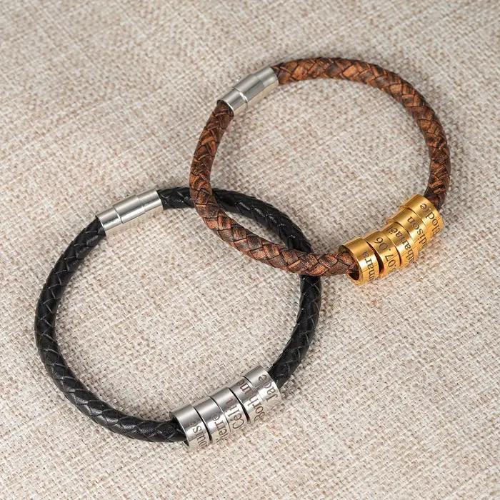 Noms personnalisés perles hommes Bracelet tressé bijoux en cuir faits à la main cadeaux de fête des pères de noël pour lui enfant papa petit ami cadeau