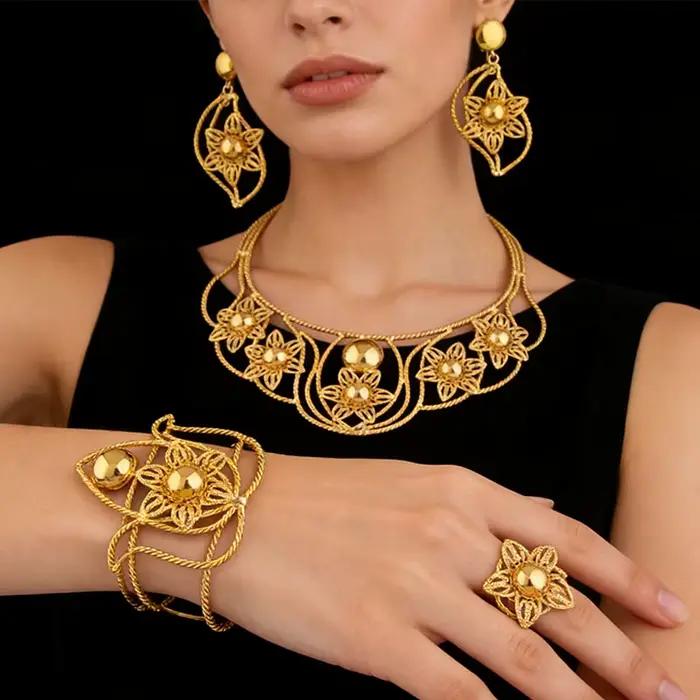 Ensemble de bijoux de dubaï pour femmes, couleur or, boucles d'oreilles ajourées, collier de fleurs, bracelet, bague, Nigeria, élégant, fête de mariée, cadeau de pâques