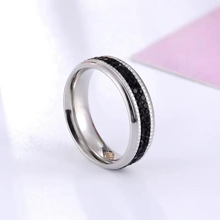 Bague en Zircon noir Double cercle moyen, en acier inoxydable de haute qualité, marque d'amour, couleur or, bijoux pour femmes, vente en gros