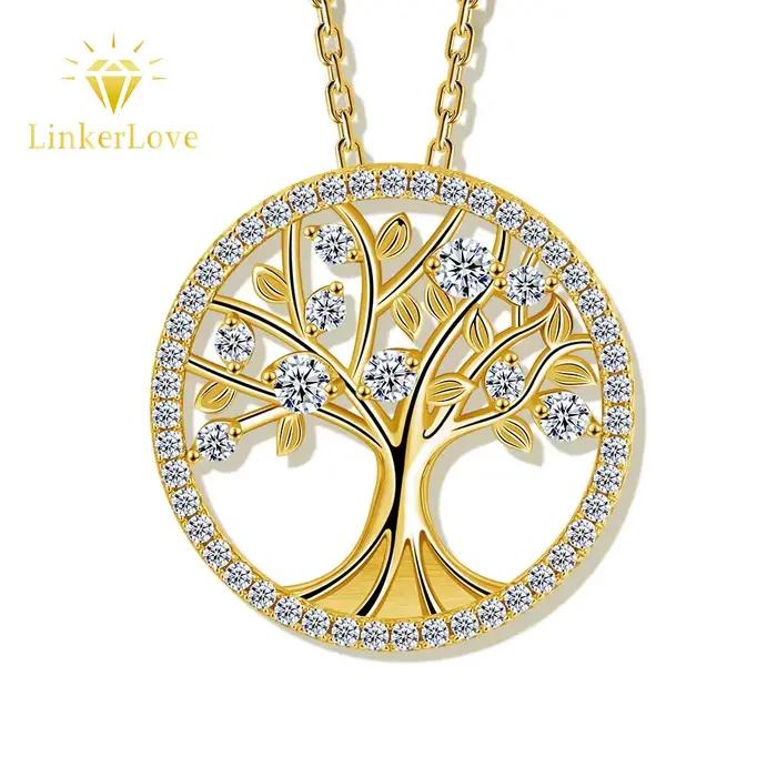 Collier pendentif Arbre de Vie en argent S925 plaqué or avec moissanite, design branches et feuilles, bijou cadeau pour femme ﻿