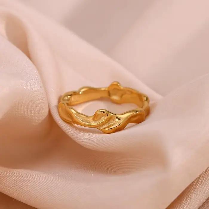 Coulée vague d'eau irrégulière martelée plaqué or Index bagues pour femme minimaliste bases en acier inoxydable anneaux bijoux